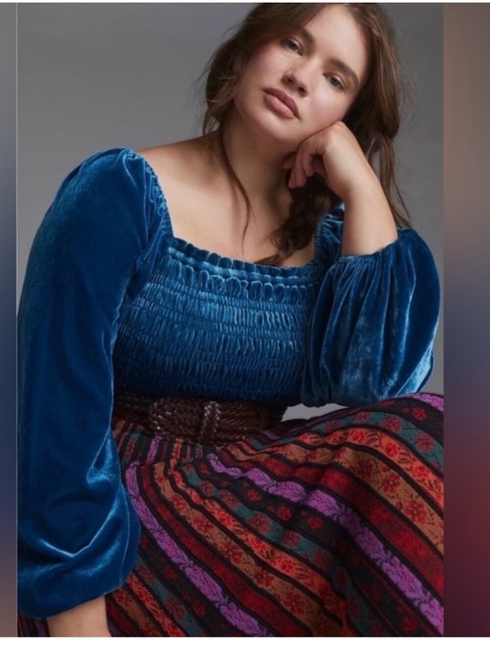Anthropologie Smocked Puff Sleeve Square Neck Velvet Top Size L - Picture 3 of 12